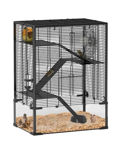 PawHut Four-Tier Hamster Cage with Deep Tempered Glass Bottom, Hut, Running Wheel, Food Dish, Water Bottle, 60 x 40 x 80cm