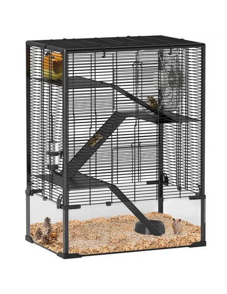 PawHut Four-Tier Hamster Cage with Deep Tempered Glass Bottom, Hut, Running Wheel, Food Dish, Water Bottle, 60 x 40 x 80cm
