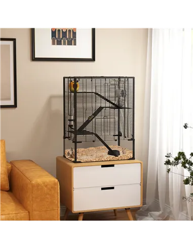 PawHut Four-Tier Hamster Cage with Deep Tempered Glass Bottom, Hut, Running Wheel, Food Dish, Water Bottle, 60 x 40 x 80cm