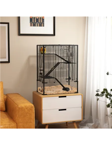 PawHut Four-Tier Hamster Cage with Deep Tempered Glass Bottom, Hut, Running Wheel, Food Dish, Water Bottle, 60 x 40 x 80cm