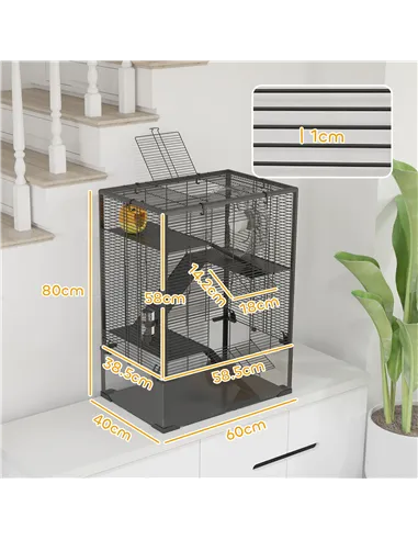 PawHut Four-Tier Hamster Cage with Deep Tempered Glass Bottom, Hut, Running Wheel, Food Dish, Water Bottle, 60 x 40 x 80cm