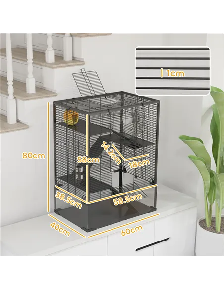 PawHut Four-Tier Hamster Cage with Deep Tempered Glass Bottom, Hut, Running Wheel, Food Dish, Water Bottle, 60 x 40 x 80cm