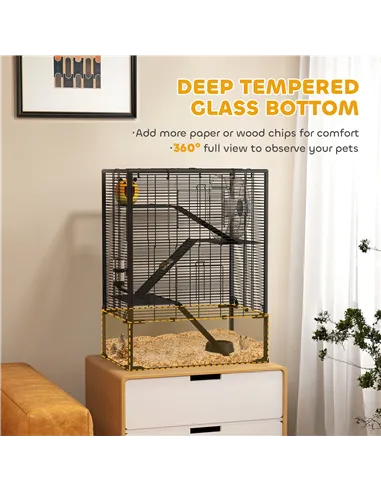 PawHut Four-Tier Hamster Cage with Deep Tempered Glass Bottom, Hut, Running Wheel, Food Dish, Water Bottle, 60 x 40 x 80cm