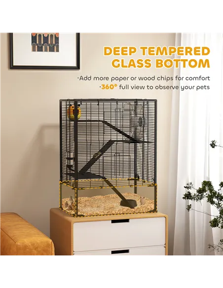 PawHut Four-Tier Hamster Cage with Deep Tempered Glass Bottom, Hut, Running Wheel, Food Dish, Water Bottle, 60 x 40 x 80cm