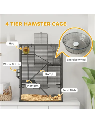 PawHut Four-Tier Hamster Cage with Deep Tempered Glass Bottom, Hut, Running Wheel, Food Dish, Water Bottle, 60 x 40 x 80cm