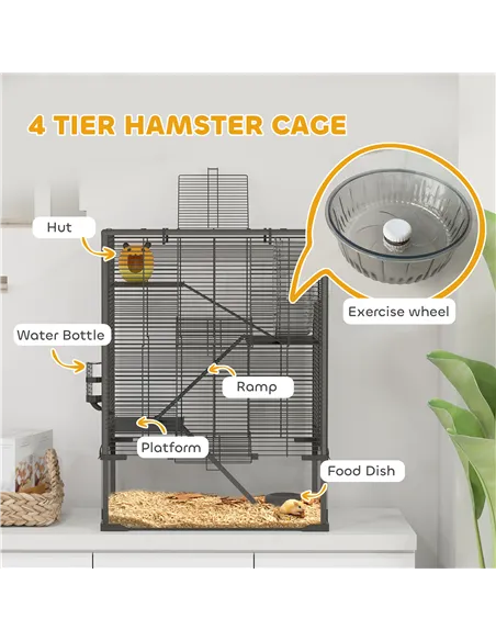PawHut Four-Tier Hamster Cage with Deep Tempered Glass Bottom, Hut, Running Wheel, Food Dish, Water Bottle, 60 x 40 x 80cm