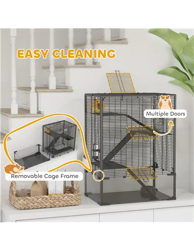PawHut Four-Tier Hamster Cage with Deep Tempered Glass Bottom, Hut, Running Wheel, Food Dish, Water Bottle, 60 x 40 x 80cm