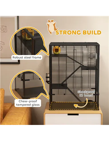 PawHut Four-Tier Hamster Cage with Deep Tempered Glass Bottom, Hut, Running Wheel, Food Dish, Water Bottle, 60 x 40 x 80cm