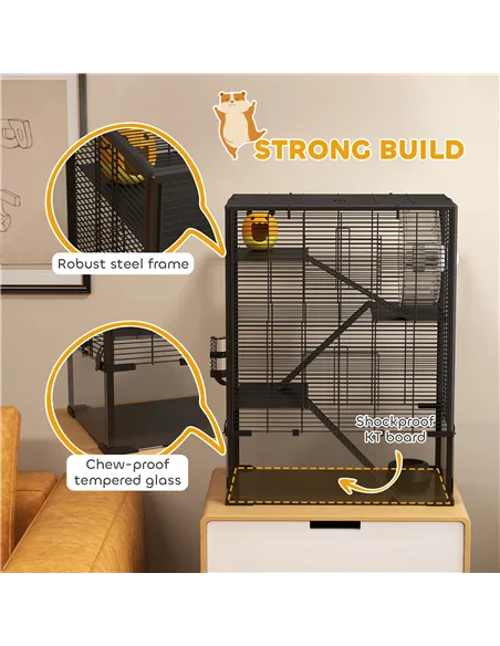 PawHut Four-Tier Hamster Cage with Deep Tempered Glass Bottom, Hut, Running Wheel, Food Dish, Water Bottle, 60 x 40 x 80cm