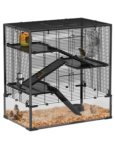 PawHut Four-Tier Hamster Cage with Deep Tempered Glass Bottom, Hut, Running Wheel, Food Dish, Water Bottle, 78.5 x 48.5 x 80cm