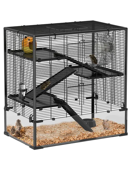 PawHut Four-Tier Hamster Cage with Deep Tempered Glass Bottom, Hut, Running Wheel, Food Dish, Water Bottle, 78.5 x 48.5 x 80cm
