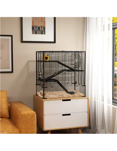 PawHut Four-Tier Hamster Cage with Deep Tempered Glass Bottom, Hut, Running Wheel, Food Dish, Water Bottle, 78.5 x 48.5 x 80cm