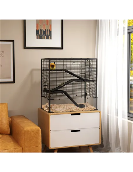 PawHut Four-Tier Hamster Cage with Deep Tempered Glass Bottom, Hut, Running Wheel, Food Dish, Water Bottle, 78.5 x 48.5 x 80cm