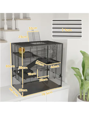 PawHut Four-Tier Hamster Cage with Deep Tempered Glass Bottom, Hut, Running Wheel, Food Dish, Water Bottle, 78.5 x 48.5 x 80cm