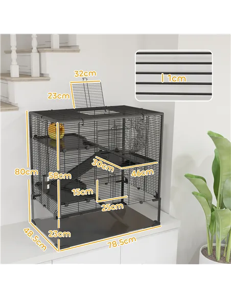 PawHut Four-Tier Hamster Cage with Deep Tempered Glass Bottom, Hut, Running Wheel, Food Dish, Water Bottle, 78.5 x 48.5 x 80cm