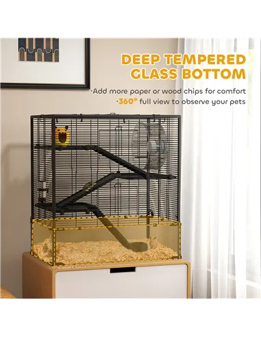 PawHut Four-Tier Hamster Cage with Deep Tempered Glass Bottom, Hut, Running Wheel, Food Dish, Water Bottle, 78.5 x 48.5 x 80cm