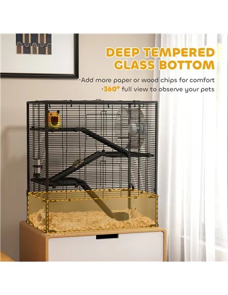 PawHut Four-Tier Hamster Cage with Deep Tempered Glass Bottom, Hut, Running Wheel, Food Dish, Water Bottle, 78.5 x 48.5 x 80cm