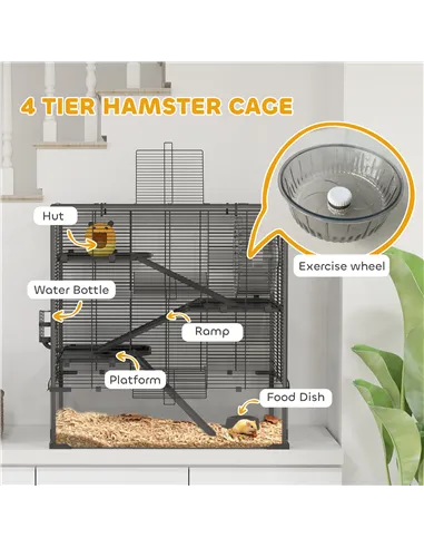PawHut Four-Tier Hamster Cage with Deep Tempered Glass Bottom, Hut, Running Wheel, Food Dish, Water Bottle, 78.5 x 48.5 x 80cm