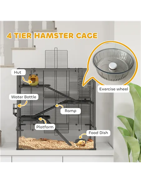 PawHut Four-Tier Hamster Cage with Deep Tempered Glass Bottom, Hut, Running Wheel, Food Dish, Water Bottle, 78.5 x 48.5 x 80cm