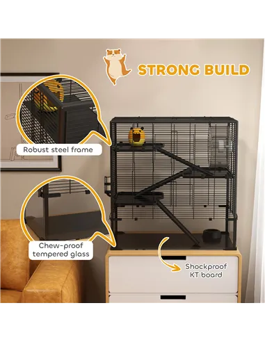 PawHut Four-Tier Hamster Cage with Deep Tempered Glass Bottom, Hut, Running Wheel, Food Dish, Water Bottle, 78.5 x 48.5 x 80cm