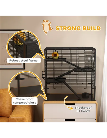 PawHut Four-Tier Hamster Cage with Deep Tempered Glass Bottom, Hut, Running Wheel, Food Dish, Water Bottle, 78.5 x 48.5 x 80cm