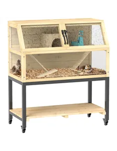 PawHut Wooden Hamster Cage with Storage Shelf, Wheels, Ramps, Water Bottle, Hut, Seesaws