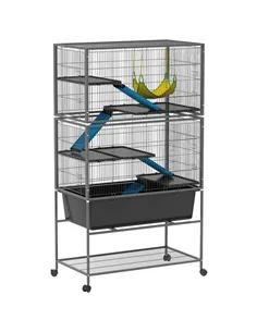 PawHut 5 Levels Rolling Small Animal Cage with Non Slip Ramps, Slide Out 16cm Deep Tray, 88 x 48 x 150.5cm, Dark Grey
