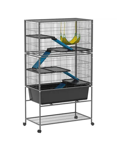 PawHut 5 Levels Rolling Small Animal Cage with Non Slip Ramps, Slide Out 16cm Deep Tray, 88 x 48 x 150.5cm, Dark Grey