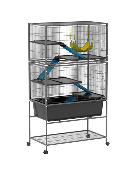 PawHut 5 Levels Rolling Small Animal Cage with Non Slip Ramps, Slide Out 16cm Deep Tray, 88 x 48 x 150.5cm, Dark Grey