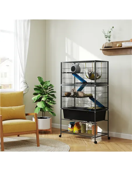 PawHut 5 Levels Rolling Small Animal Cage with Non Slip Ramps, Slide Out 16cm Deep Tray, 88 x 48 x 150.5cm, Dark Grey