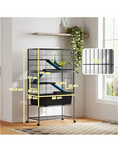 PawHut 5 Levels Rolling Small Animal Cage with Non Slip Ramps, Slide Out 16cm Deep Tray, 88 x 48 x 150.5cm, Dark Grey