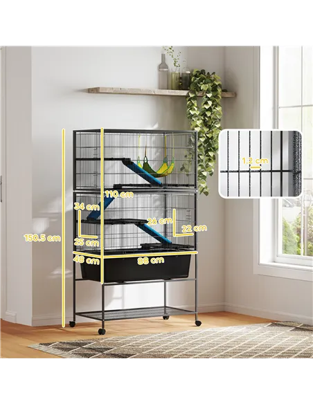 PawHut 5 Levels Rolling Small Animal Cage with Non Slip Ramps, Slide Out 16cm Deep Tray, 88 x 48 x 150.5cm, Dark Grey