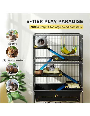 PawHut 5 Levels Rolling Small Animal Cage with Non Slip Ramps, Slide Out 16cm Deep Tray, 88 x 48 x 150.5cm, Dark Grey