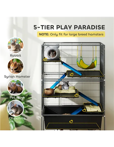 PawHut 5 Levels Rolling Small Animal Cage with Non Slip Ramps, Slide Out 16cm Deep Tray, 88 x 48 x 150.5cm, Dark Grey