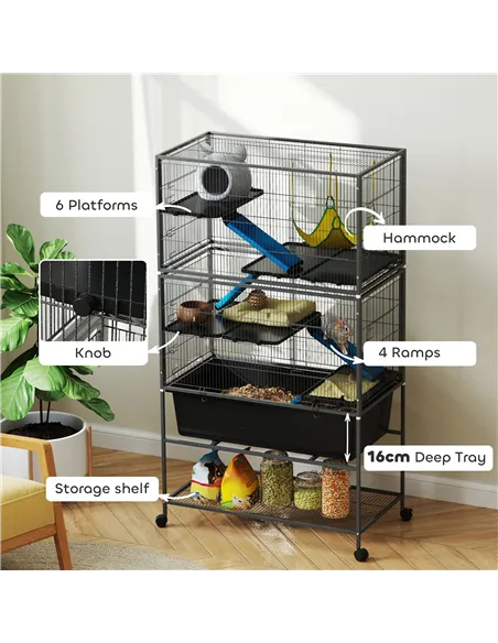 PawHut 5 Levels Rolling Small Animal Cage with Non Slip Ramps, Slide Out 16cm Deep Tray, 88 x 48 x 150.5cm, Dark Grey