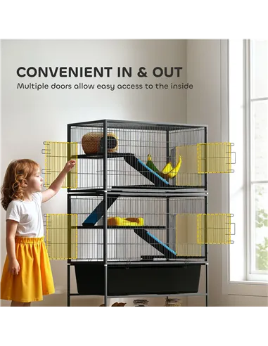 PawHut 5 Levels Rolling Small Animal Cage with Non Slip Ramps, Slide Out 16cm Deep Tray, 88 x 48 x 150.5cm, Dark Grey