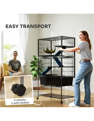 PawHut 5 Levels Rolling Small Animal Cage with Non Slip Ramps, Slide Out 16cm Deep Tray, 88 x 48 x 150.5cm, Dark Grey