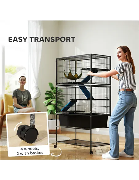 PawHut 5 Levels Rolling Small Animal Cage with Non Slip Ramps, Slide Out 16cm Deep Tray, 88 x 48 x 150.5cm, Dark Grey