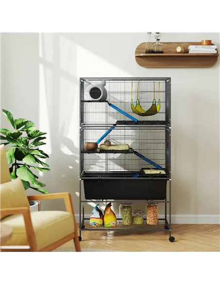 PawHut 5 Levels Rolling Small Animal Cage with Non Slip Ramps, Slide Out 16cm Deep Tray, 88 x 48 x 150.5cm, Dark Grey