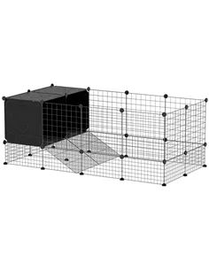 PawHut DIY Small Animal Cage with Elevated Huts, C&C Cage for Guinea Pigs, Hedgehogs, Rabbits, 31 Panels, Black