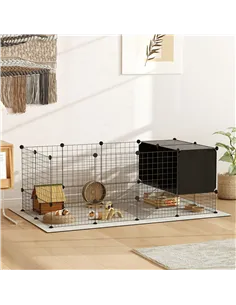 PawHut DIY Small Animal Cage with Elevated Huts, C&C Cage for Guinea Pigs, Hedgehogs, Rabbits, 31 Panels, Black 2