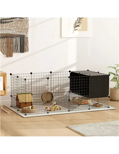 PawHut DIY Small Animal Cage with Elevated Huts, C&C Cage for Guinea Pigs, Hedgehogs, Rabbits, 31 Panels, Black