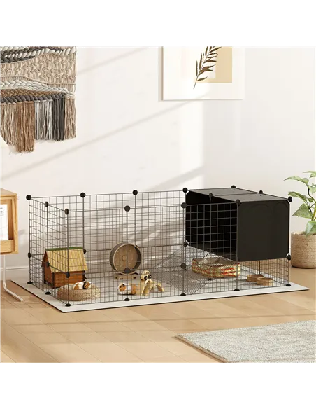 PawHut DIY Small Animal Cage with Elevated Huts, C&C Cage for Guinea Pigs, Hedgehogs, Rabbits, 31 Panels, Black
