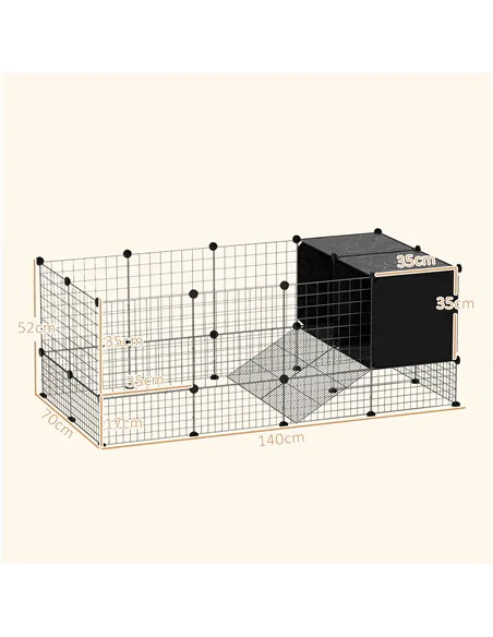 PawHut DIY Small Animal Cage with Elevated Huts, C&C Cage for Guinea Pigs, Hedgehogs, Rabbits, 31 Panels, Black