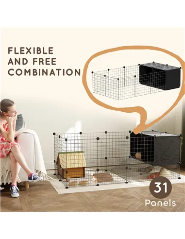 PawHut DIY Small Animal Cage with Elevated Huts, C&C Cage for Guinea Pigs, Hedgehogs, Rabbits, 31 Panels, Black