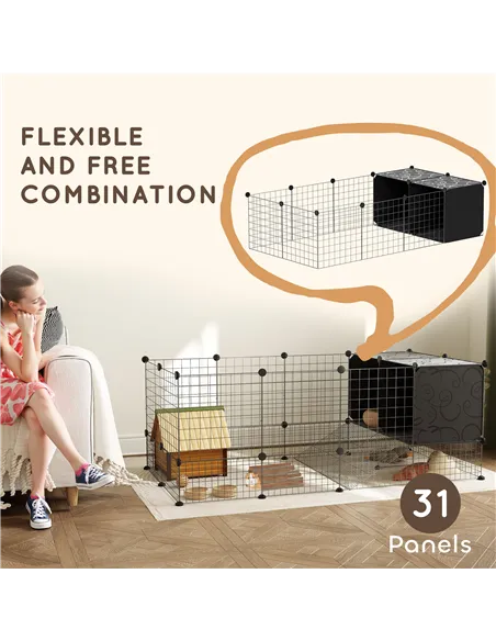 PawHut DIY Small Animal Cage with Elevated Huts, C&C Cage for Guinea Pigs, Hedgehogs, Rabbits, 31 Panels, Black