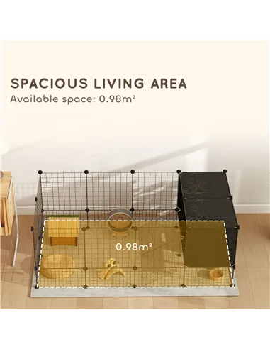 PawHut DIY Small Animal Cage with Elevated Huts, C&C Cage for Guinea Pigs, Hedgehogs, Rabbits, 31 Panels, Black