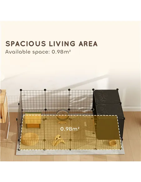 PawHut DIY Small Animal Cage with Elevated Huts, C&C Cage for Guinea Pigs, Hedgehogs, Rabbits, 31 Panels, Black