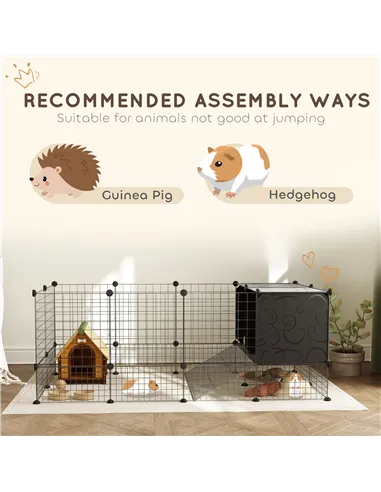 PawHut DIY Small Animal Cage with Elevated Huts, C&C Cage for Guinea Pigs, Hedgehogs, Rabbits, 31 Panels, Black