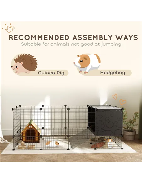 PawHut DIY Small Animal Cage with Elevated Huts, C&C Cage for Guinea Pigs, Hedgehogs, Rabbits, 31 Panels, Black